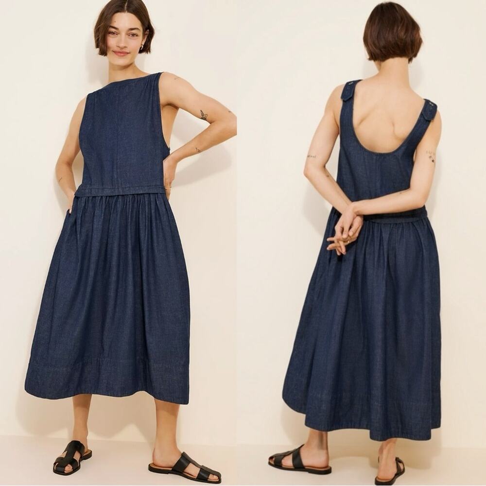 Free People Retro 90s Soraya Dark Denim Drop Waist Midi Jumper Dress Size Medium - Picture 3 of 13